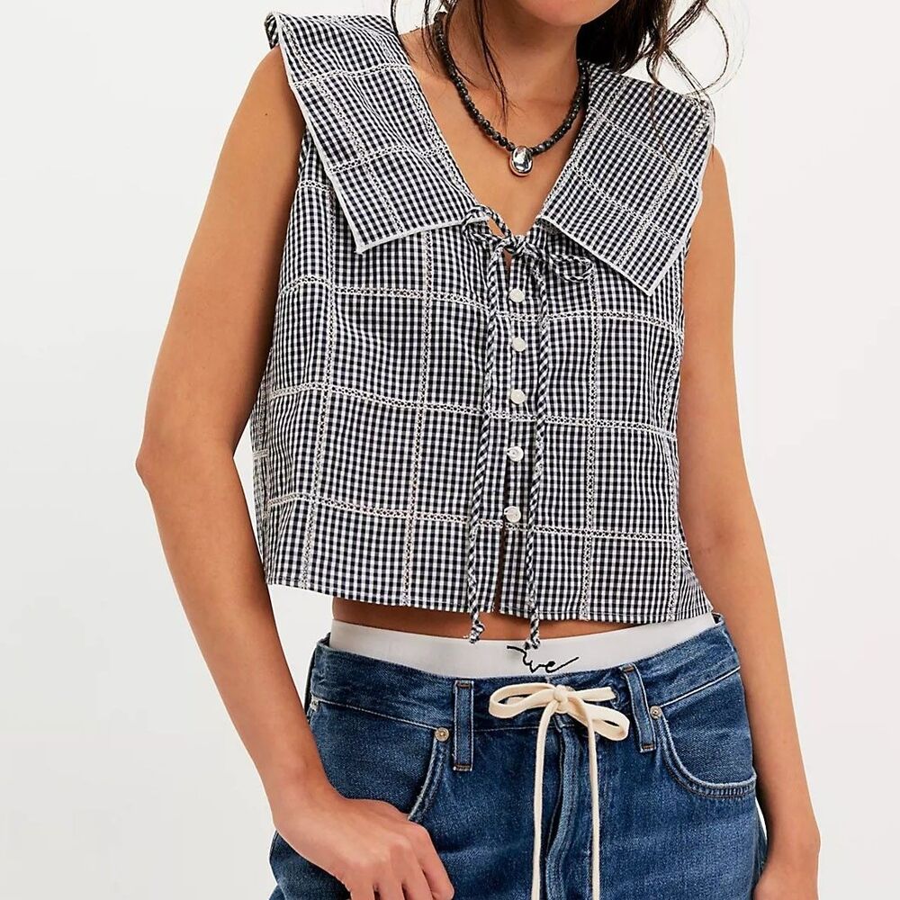 Free People Waiting For Me Blouse Cropped Top Plaid Eyelet Embroidered XS 292048
